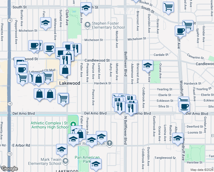 map of restaurants, bars, coffee shops, grocery stores, and more near 5052 Hersholt Ave in Lakewood