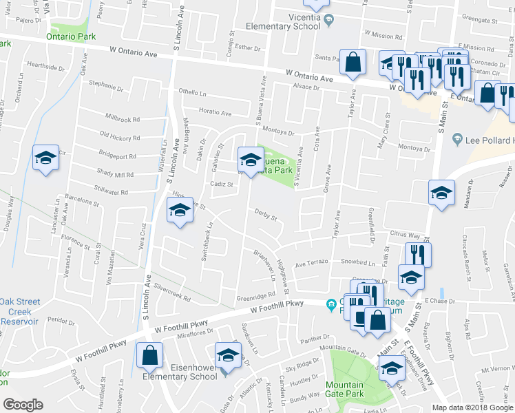 map of restaurants, bars, coffee shops, grocery stores, and more near 879 Derby Street in Corona