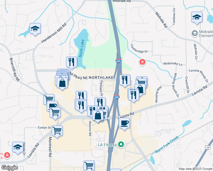 map of restaurants, bars, coffee shops, grocery stores, and more near 3421 Northlake Parkway Northeast in Atlanta