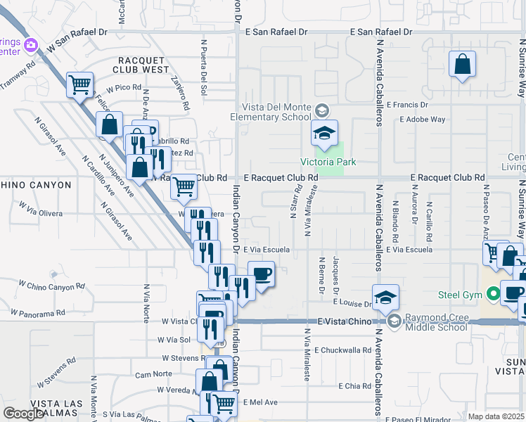 map of restaurants, bars, coffee shops, grocery stores, and more near 371 East Glen Circle South in Palm Springs