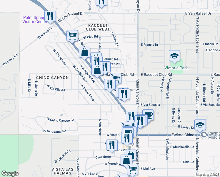 map of restaurants, bars, coffee shops, grocery stores, and more near 2300 North Palm Canyon Drive in Palm Springs