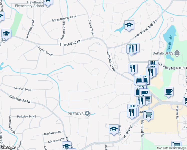 map of restaurants, bars, coffee shops, grocery stores, and more near 2215 Greencrest Drive Northeast in Atlanta