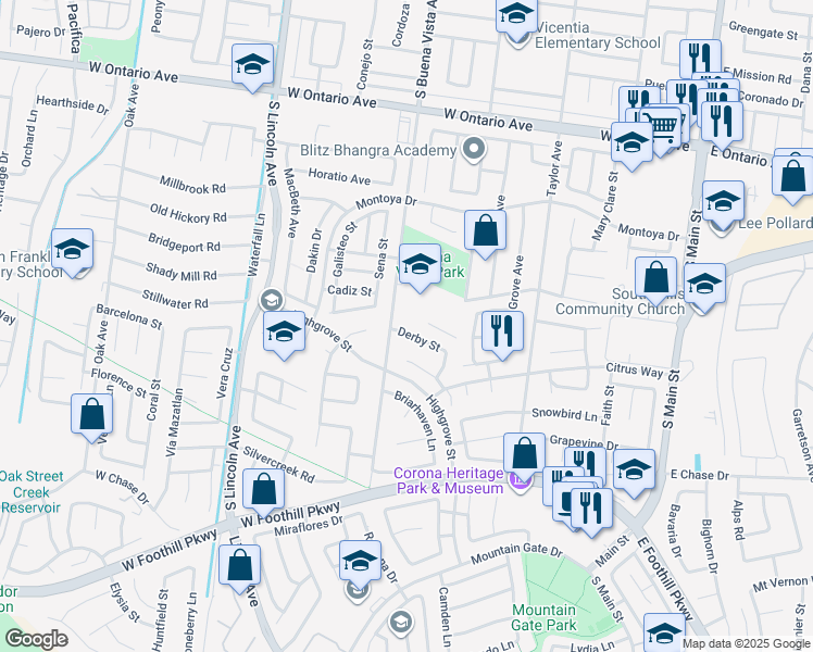 map of restaurants, bars, coffee shops, grocery stores, and more near 879 Derby Street in Corona