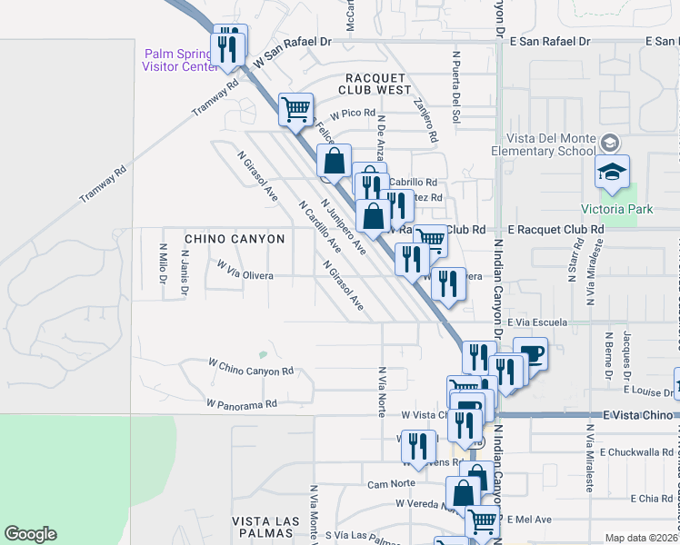 map of restaurants, bars, coffee shops, grocery stores, and more near 590 North Girasol Avenue in Palm Springs