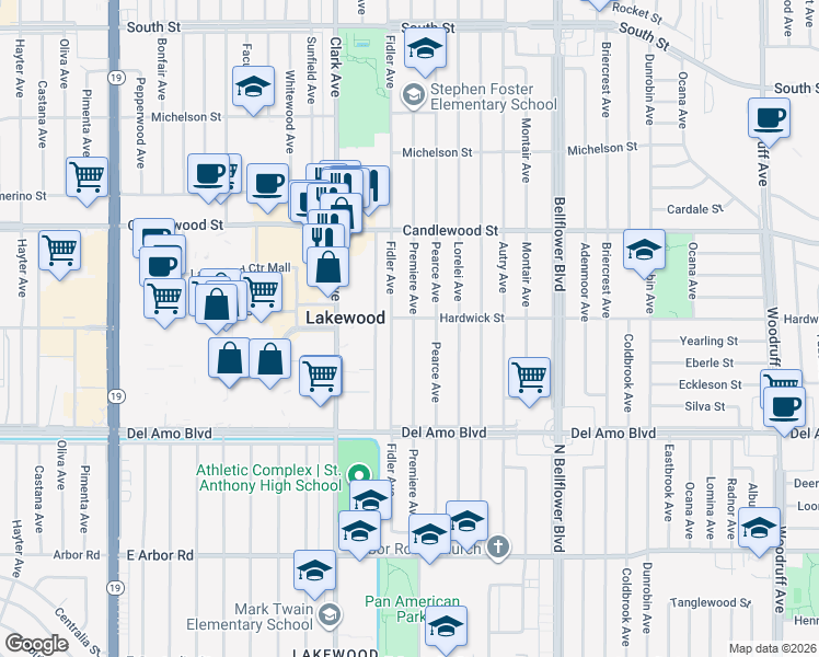 map of restaurants, bars, coffee shops, grocery stores, and more near 5053 Premiere Avenue in Lakewood