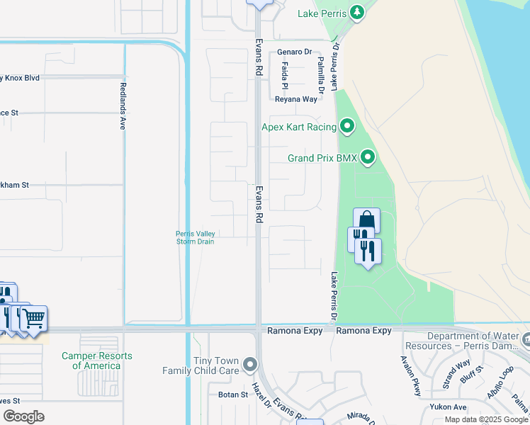 map of restaurants, bars, coffee shops, grocery stores, and more near 4310 Almaterra Drive in Perris