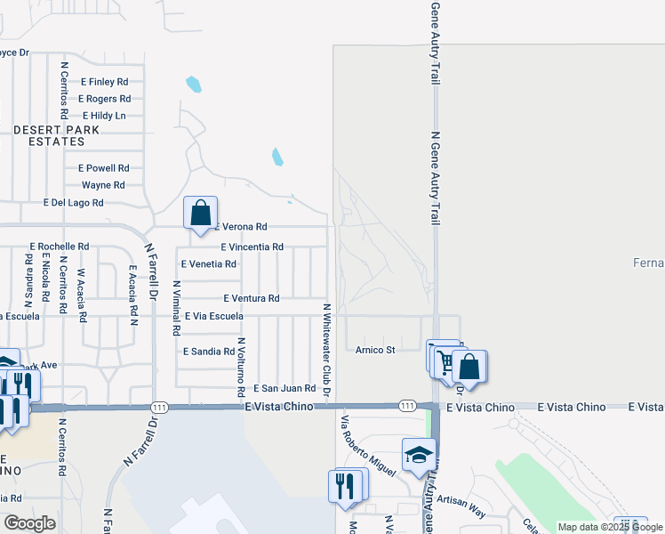 map of restaurants, bars, coffee shops, grocery stores, and more near 2300 North Whitewater Club Drive in Palm Springs