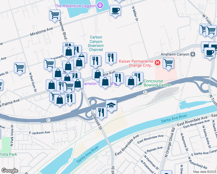 map of restaurants, bars, coffee shops, grocery stores, and more near 1041 North Shepard Street in Anaheim