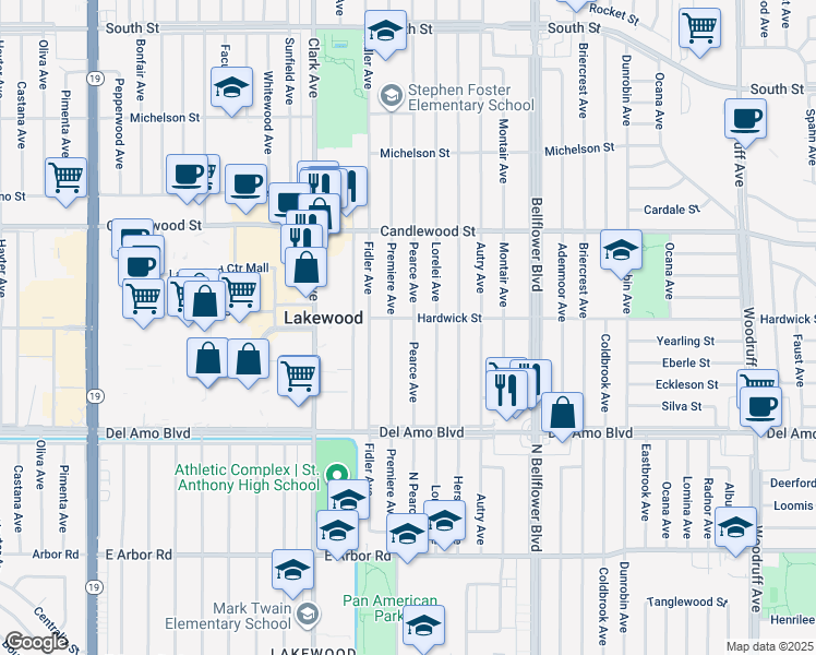 map of restaurants, bars, coffee shops, grocery stores, and more near 5053 Pearce Avenue in Lakewood