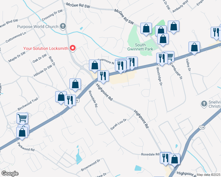 map of restaurants, bars, coffee shops, grocery stores, and more near 3127 Sloping Terrace in Snellville