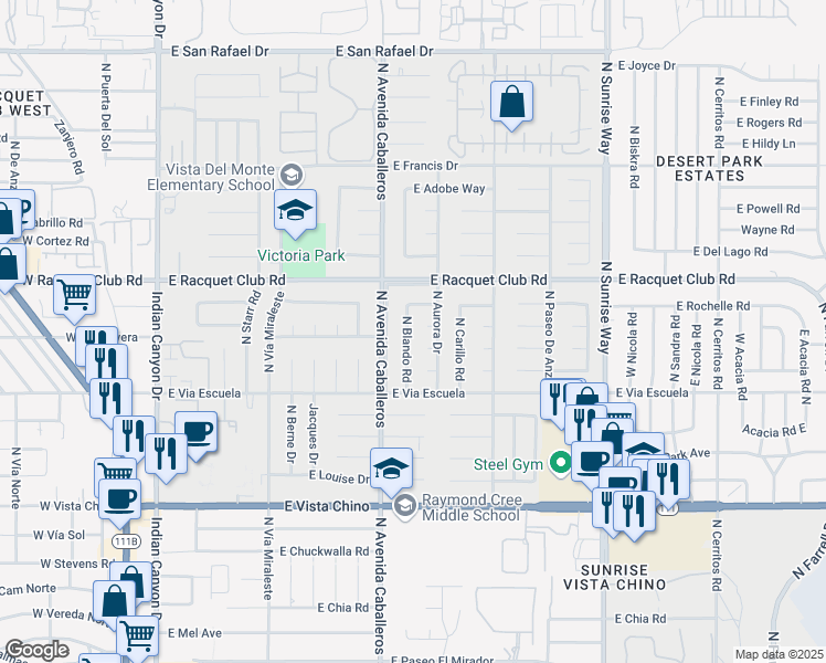 map of restaurants, bars, coffee shops, grocery stores, and more near 2312 North Blando Road in Palm Springs