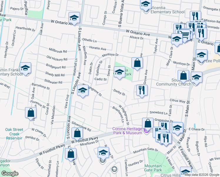map of restaurants, bars, coffee shops, grocery stores, and more near 2712 South Buena Vista Avenue in Corona