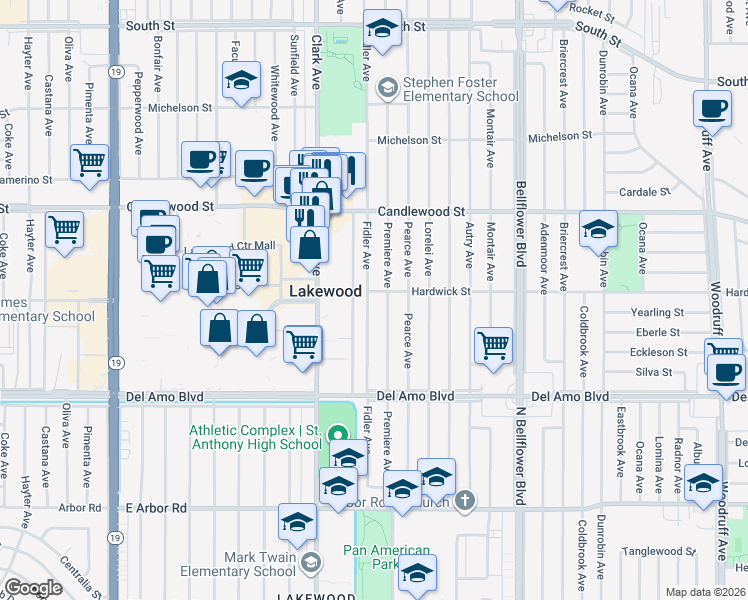 map of restaurants, bars, coffee shops, grocery stores, and more near 5053 Premiere Avenue in Lakewood