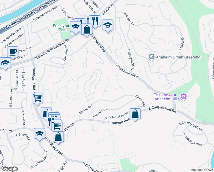 map of restaurants, bars, coffee shops, grocery stores, and more near 6641 East Canyon Hills Road in Anaheim