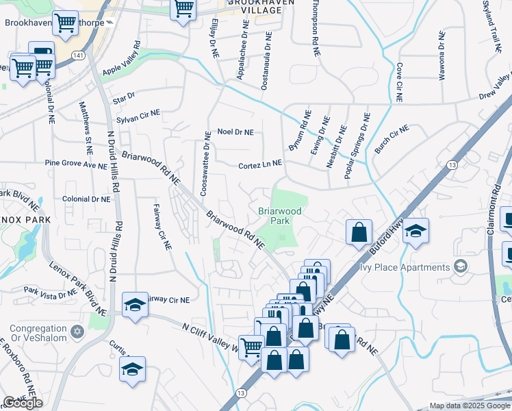 map of restaurants, bars, coffee shops, grocery stores, and more near 1470 Briarwood Road Northeast in Brookhaven