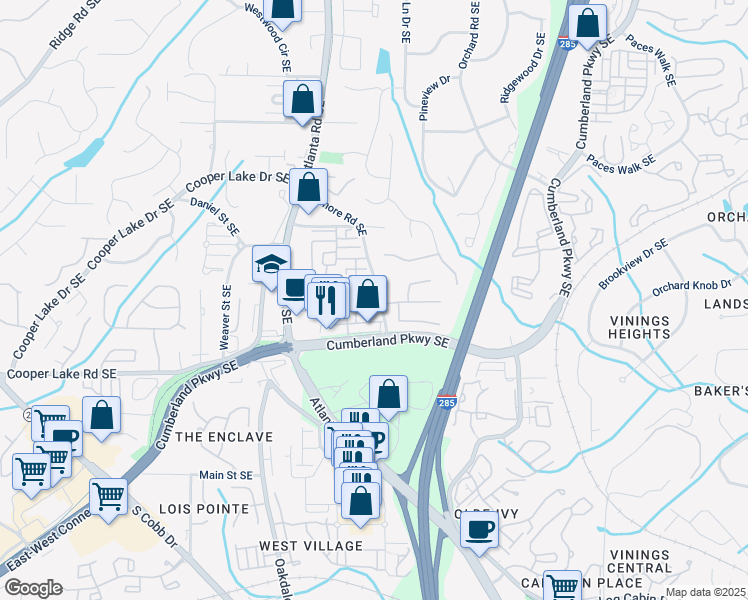 map of restaurants, bars, coffee shops, grocery stores, and more near 2295 Falmouth Court Southeast in Smyrna