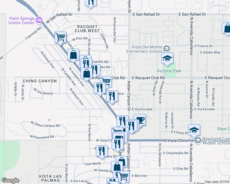 map of restaurants, bars, coffee shops, grocery stores, and more near 199 West Vía Olivera in Palm Springs