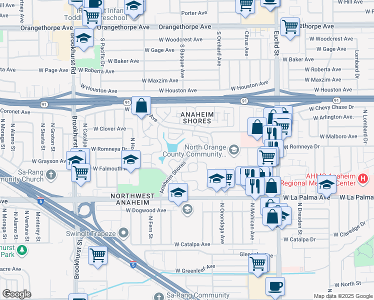 map of restaurants, bars, coffee shops, grocery stores, and more near 1895 West Surf Drive in Anaheim