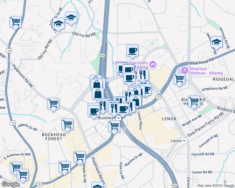map of restaurants, bars, coffee shops, grocery stores, and more near 3400 Stratford Road Northeast in Atlanta