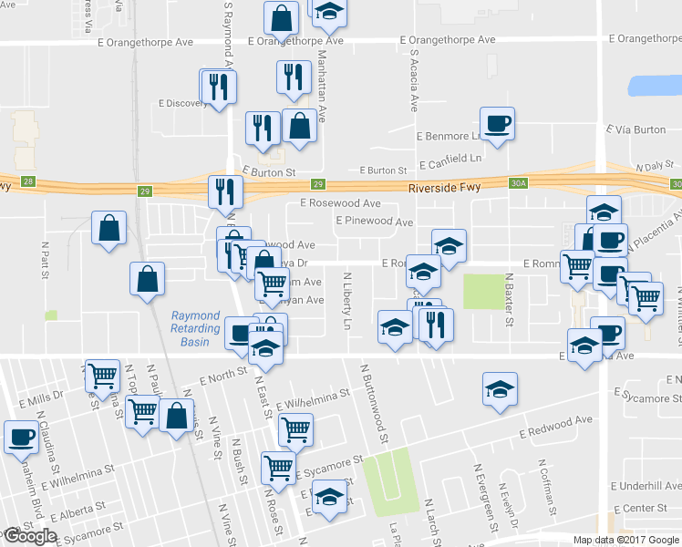 map of restaurants, bars, coffee shops, grocery stores, and more near 1141 North Liberty Lane in Anaheim