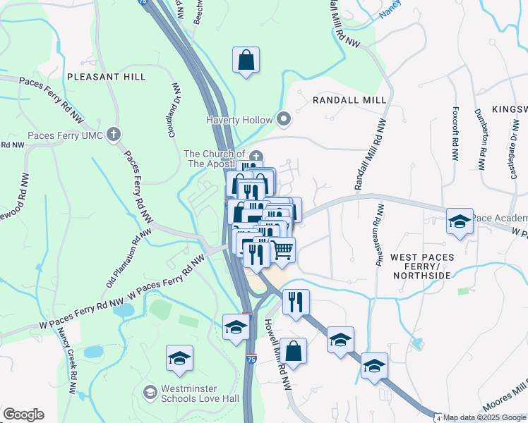 map of restaurants, bars, coffee shops, grocery stores, and more near 3509 Northside Parkway Northwest in Atlanta