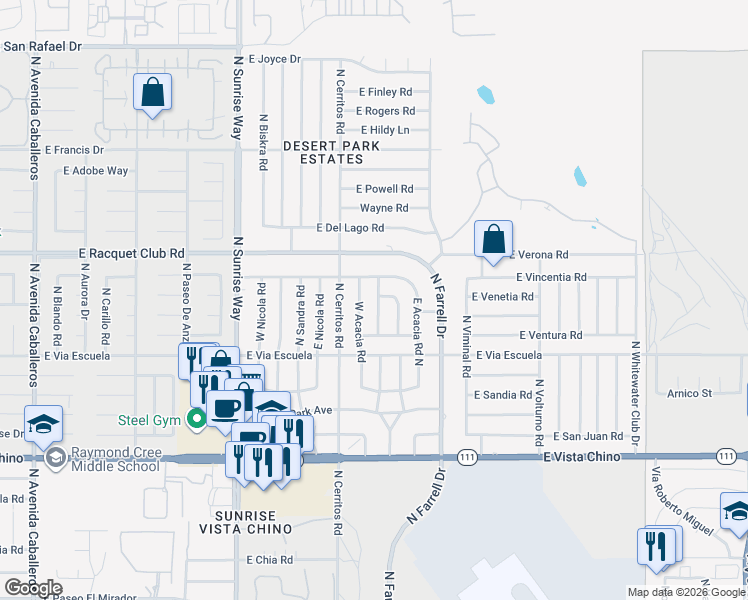 map of restaurants, bars, coffee shops, grocery stores, and more near 2318 West Acacia Road in Palm Springs