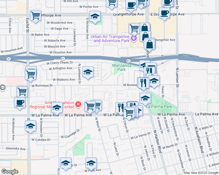 map of restaurants, bars, coffee shops, grocery stores, and more near 906 West Romneya Drive in Anaheim