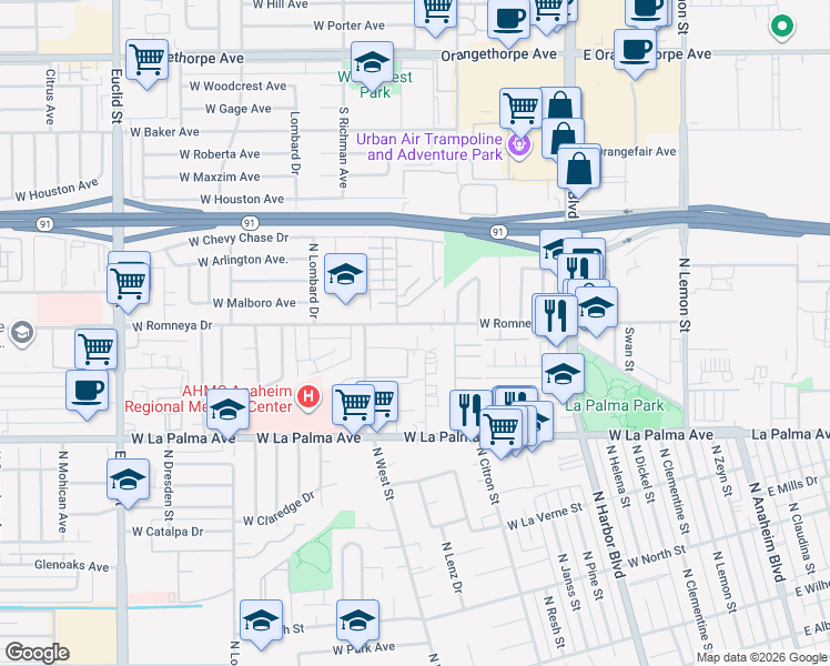 map of restaurants, bars, coffee shops, grocery stores, and more near 906 West Romneya Drive in Anaheim