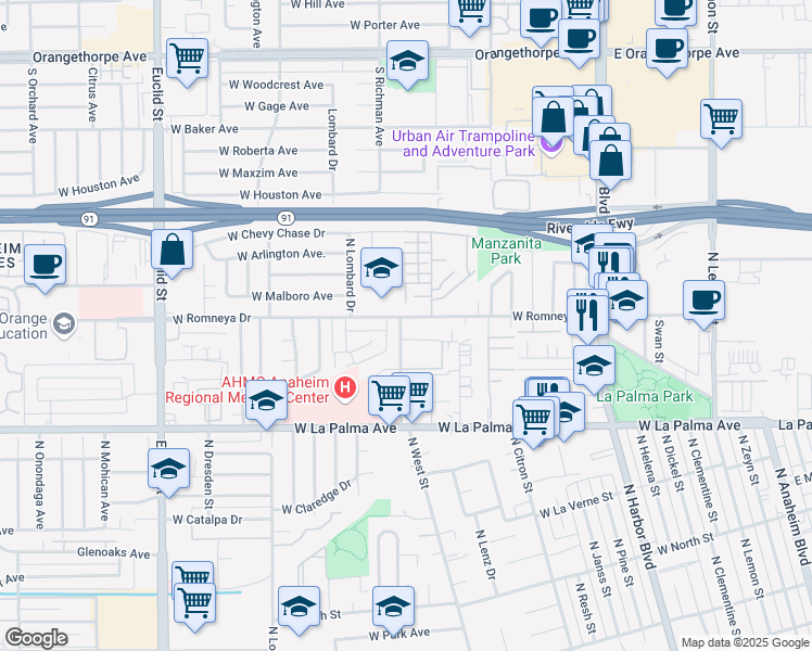 map of restaurants, bars, coffee shops, grocery stores, and more near 1024 West Romneya Drive in Anaheim