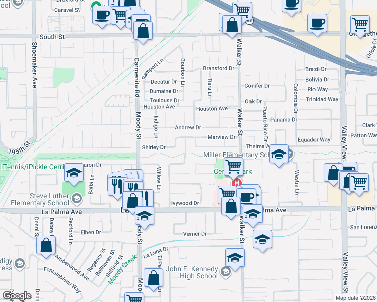 map of restaurants, bars, coffee shops, grocery stores, and more near 5192 Shirley Drive in La Palma