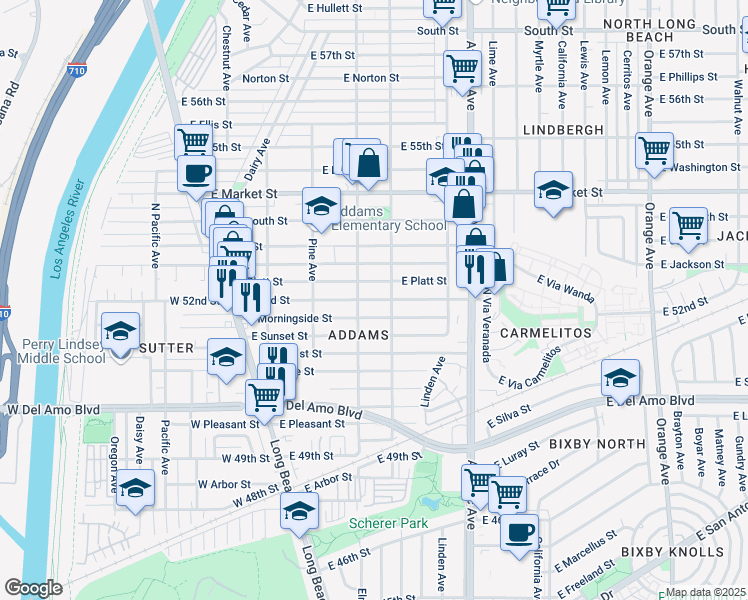 map of restaurants, bars, coffee shops, grocery stores, and more near 305 East 52nd Street in Long Beach