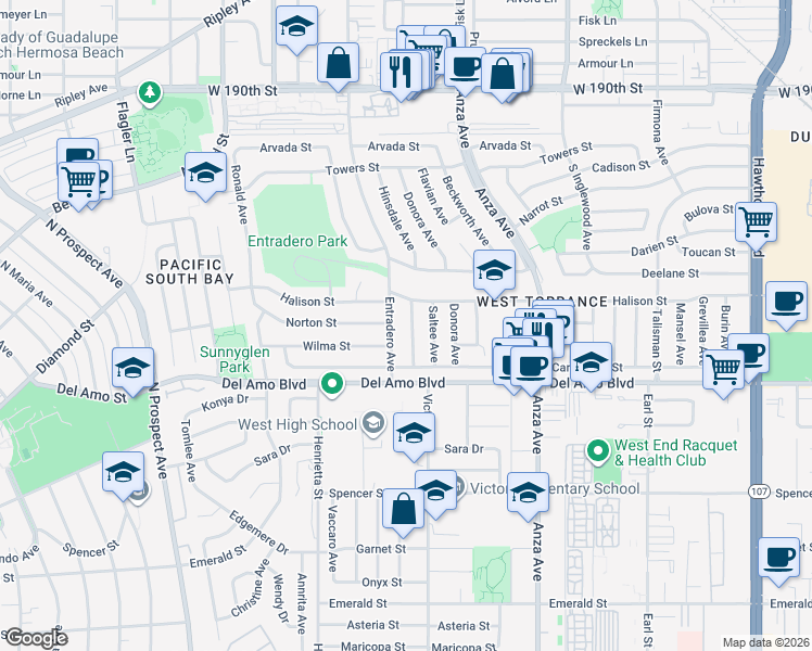 map of restaurants, bars, coffee shops, grocery stores, and more near 20004 Entradero Avenue in Torrance