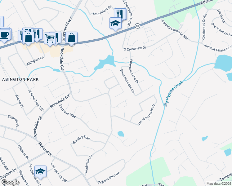 map of restaurants, bars, coffee shops, grocery stores, and more near 2725 Lake Commons Court in Snellville