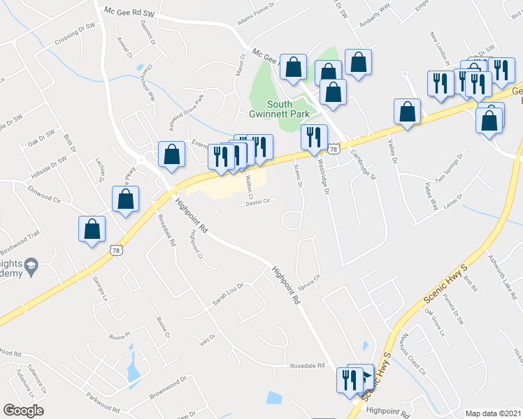 map of restaurants, bars, coffee shops, grocery stores, and more near 3072 Destin Circle in Snellville