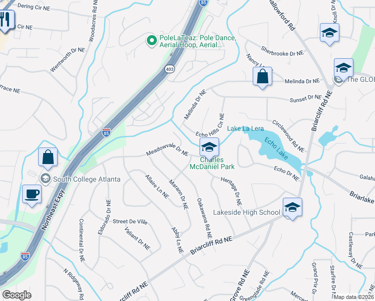 map of restaurants, bars, coffee shops, grocery stores, and more near 2324 Meadowvale Drive Northeast in Atlanta