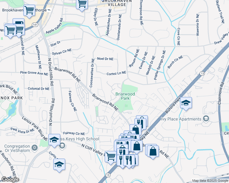 map of restaurants, bars, coffee shops, grocery stores, and more near 1468 Briarwood Road Northeast in Brookhaven