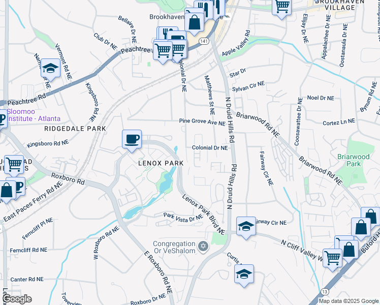map of restaurants, bars, coffee shops, grocery stores, and more near 2255 Lenox Ridge Court Northeast in Atlanta