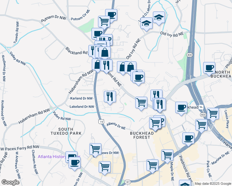 map of restaurants, bars, coffee shops, grocery stores, and more near 3558 Piedmont Road Northeast in Atlanta