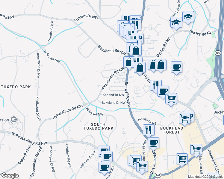 map of restaurants, bars, coffee shops, grocery stores, and more near 91 Karland Drive Northwest in Atlanta
