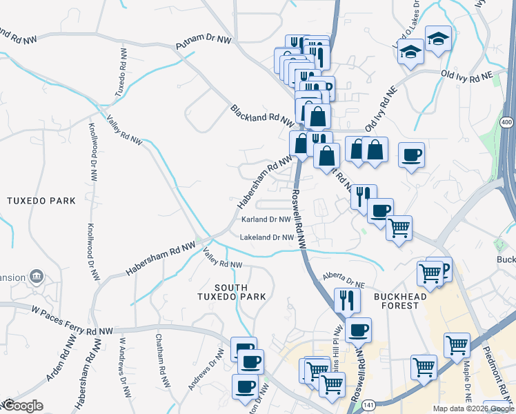 map of restaurants, bars, coffee shops, grocery stores, and more near 91 Karland Drive Northwest in Atlanta