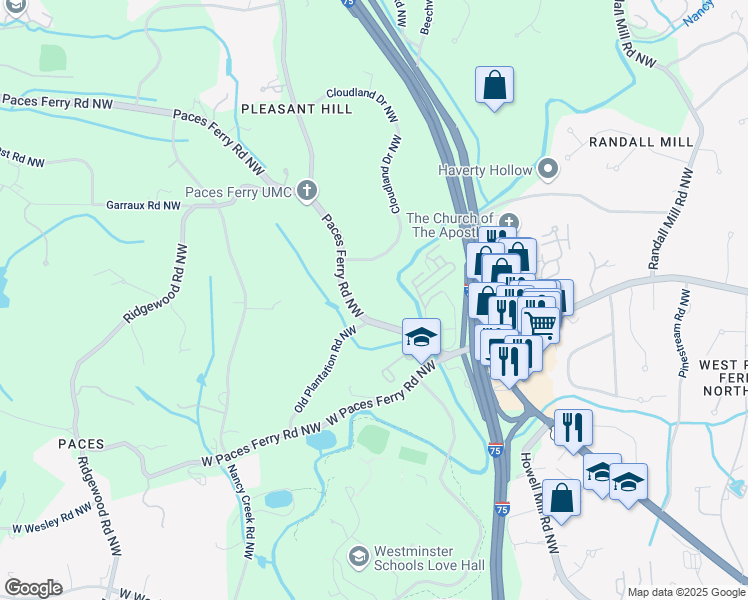 map of restaurants, bars, coffee shops, grocery stores, and more near 3451 Paces Ferry Road Northwest in Atlanta