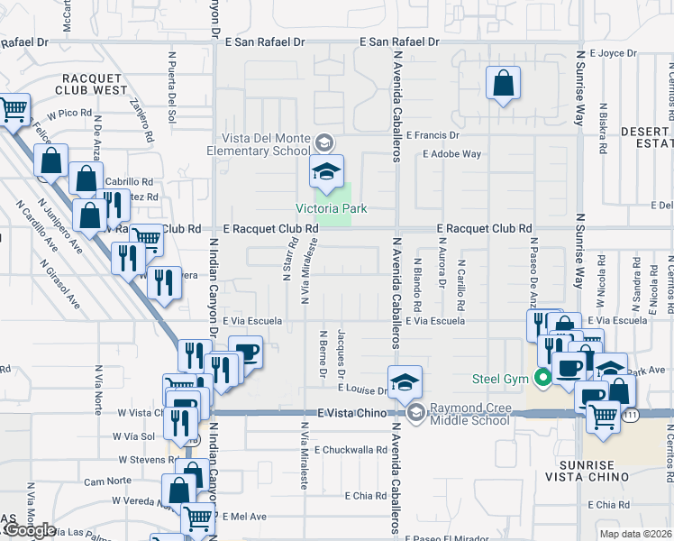 map of restaurants, bars, coffee shops, grocery stores, and more near 680 East Alexander Way in Palm Springs