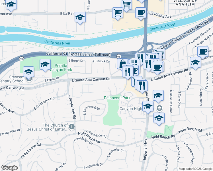 map of restaurants, bars, coffee shops, grocery stores, and more near 125 South Vista Grande in Anaheim