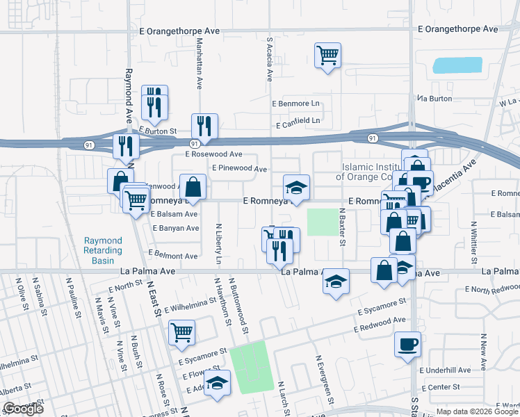 map of restaurants, bars, coffee shops, grocery stores, and more near 1140 North Louise Drive in Anaheim