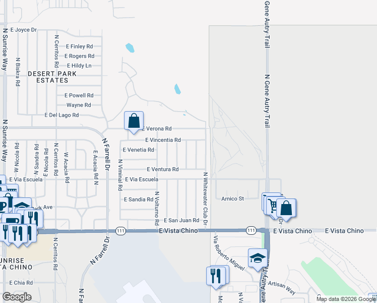 map of restaurants, bars, coffee shops, grocery stores, and more near 2332 North San Clemente Road in Palm Springs