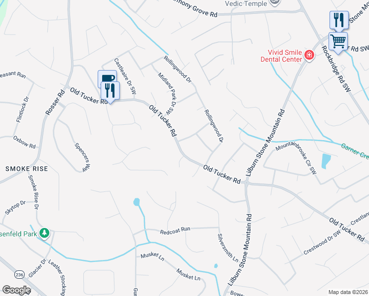 map of restaurants, bars, coffee shops, grocery stores, and more near 684 Old Tucker Road in Stone Mountain