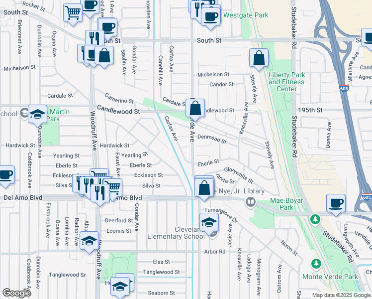 map of restaurants, bars, coffee shops, grocery stores, and more near 6310 Hardwick Street in Lakewood