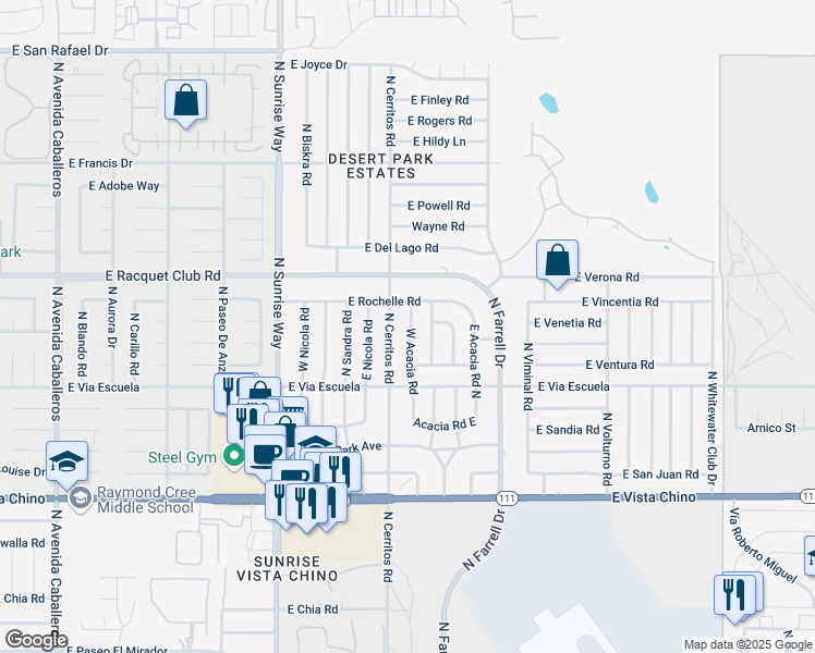 map of restaurants, bars, coffee shops, grocery stores, and more near 2318 West Acacia Road in Palm Springs