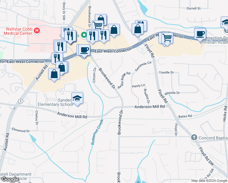 map of restaurants, bars, coffee shops, grocery stores, and more near 4214 Brookwood Drive in Austell