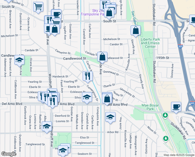 map of restaurants, bars, coffee shops, grocery stores, and more near 6310 Hardwick Street in Lakewood
